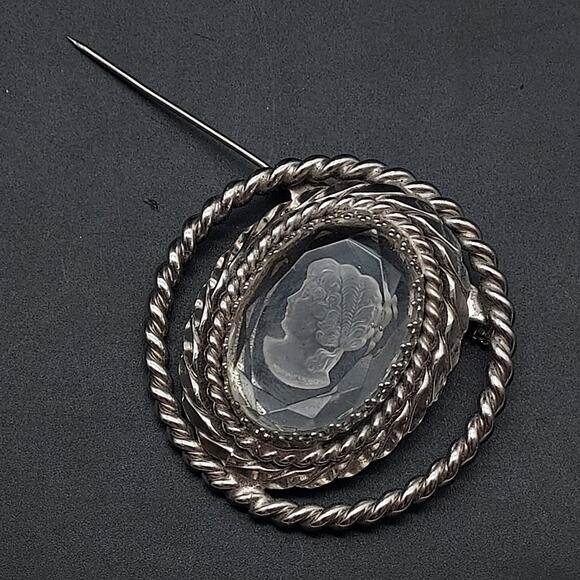 Vintage Intaglio Cameo Brooch Clear Lucite Silver Tone Lady Head Portrait - Picture 10 of 10